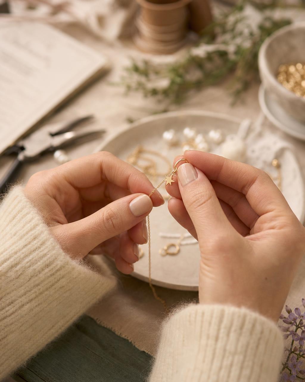 Hands threading a gold star charm onto a delicate chain