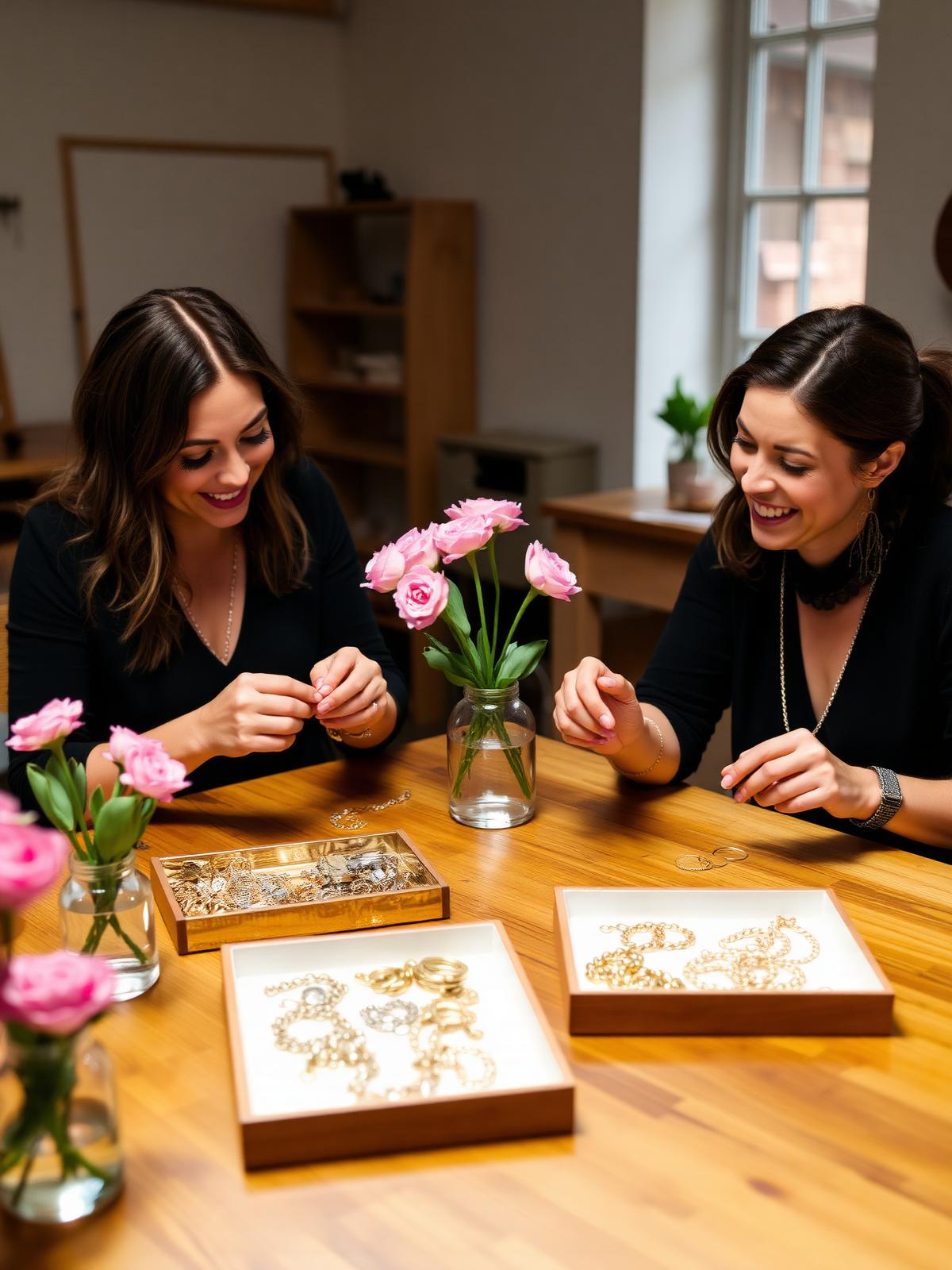 Friends designing charm jewellery together at a Goldie party